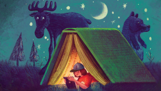 book as a tent with child reading, moose and bear in back